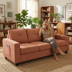 English Elm 2-Piece Chenille Sofa Set Matched Loveseat Combo with Removable Cushions for Living Room Terracotta B2735S00049
