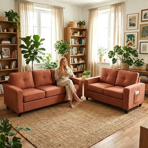 English Elm 2-Piece Chenille Sofa Set Matched Loveseat Combo with Removable Cushions for Living Room Terracotta B2735S00049