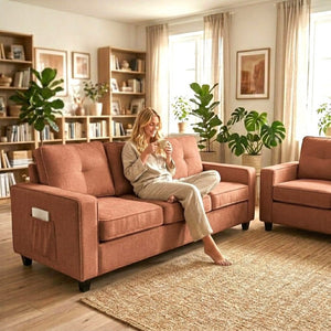 English Elm 2-Piece Chenille Sofa Set Matched Loveseat Combo with Removable Cushions for Living Room Terracotta B2735S00049