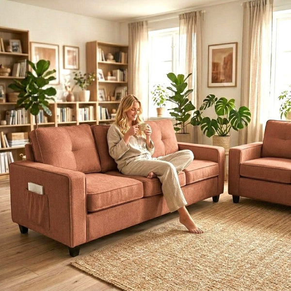 English Elm 2-Piece Chenille Sofa Set Matched Loveseat Combo with Removable Cushions for Living Room Terracotta B2735S00049