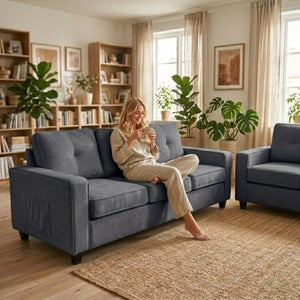 English Elm 2-Piece Chenille Sofa Set Matched Loveseat Combo with Removable Cushions for Living Room Gray B2735S00050