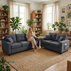 English Elm 2-Piece Chenille Sofa Set Matched Loveseat Combo with Removable Cushions for Living Room Gray B2735S00050
