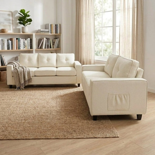 English Elm 2-Piece Chenille Sofa Set Matched Loveseat Combo with Removable Cushions for Living Room Beige B2735S00051