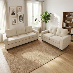 English Elm 2-Piece Chenille Sofa Set Matched Loveseat Combo with Removable Cushions for Living Room Beige B2735S00051