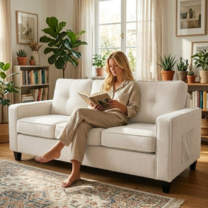 English Elm 2-Piece Chenille Sofa Set Matched Loveseat Combo with Removable Cushions for Living Room Beige B2735S00051