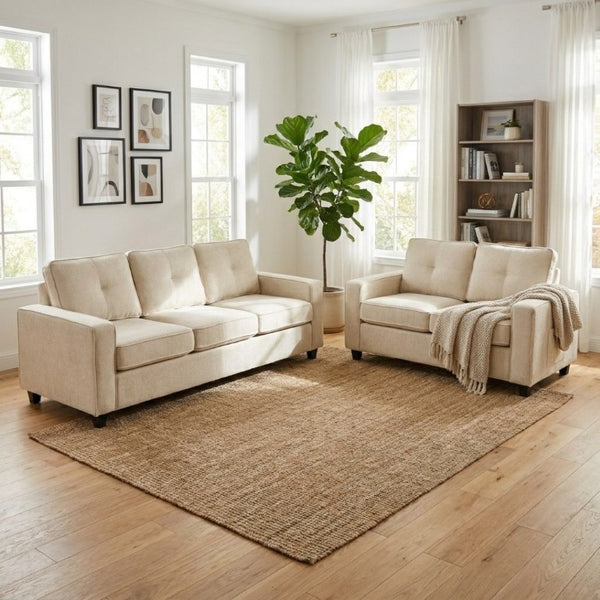 English Elm 2-Piece Chenille Sofa Set Matched Loveseat Combo with Removable Cushions for Living Room Beige B2735S00051