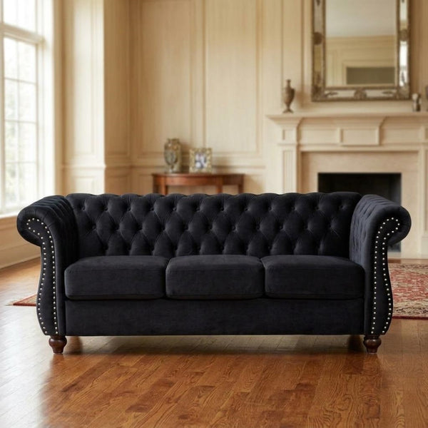 English Elm Chesterfield Crushed Velvet 3 Seat Sofa Tufted Back Rolled Arms Tapered Wood Legs Living Room Black B2735S00052