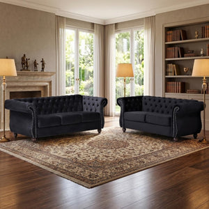English Elm Chesterfield Crushed Velvet 2 Piece Sofa Set Button Tufted Living Room Seating Black B2735S00053