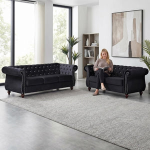 English Elm Chesterfield Crushed Velvet 2 Piece Sofa Set Button Tufted Living Room Seating Black B2735S00053