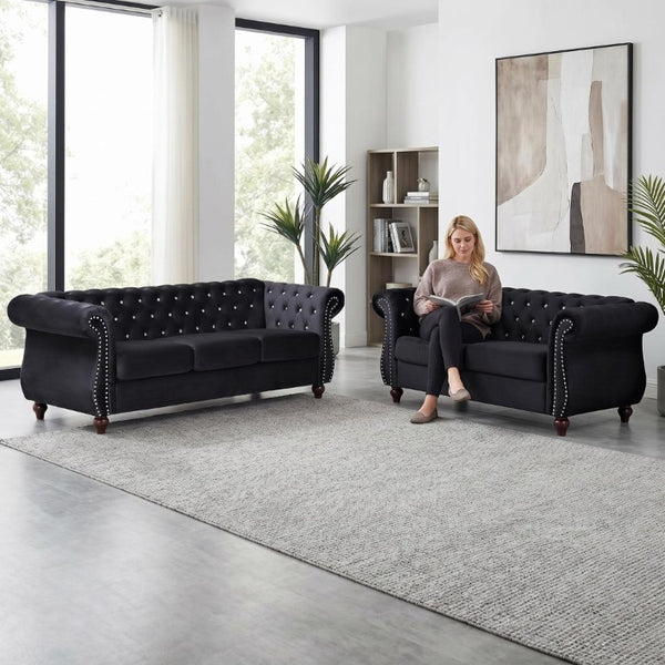 English Elm Chesterfield Crushed Velvet 2 Piece Sofa Set Button Tufted Living Room Seating Black B2735S00053