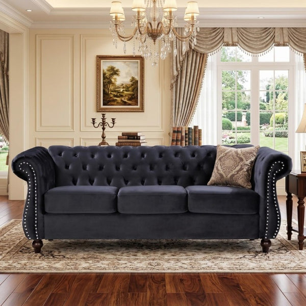 English Elm Chesterfield Crushed Velvet 2 Piece Sofa Set Button Tufted Living Room Seating Black B2735S00053
