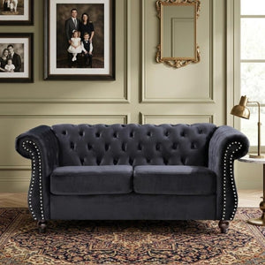 English Elm Chesterfield Crushed Velvet 2 Piece Sofa Set Button Tufted Living Room Seating Black B2735S00053
