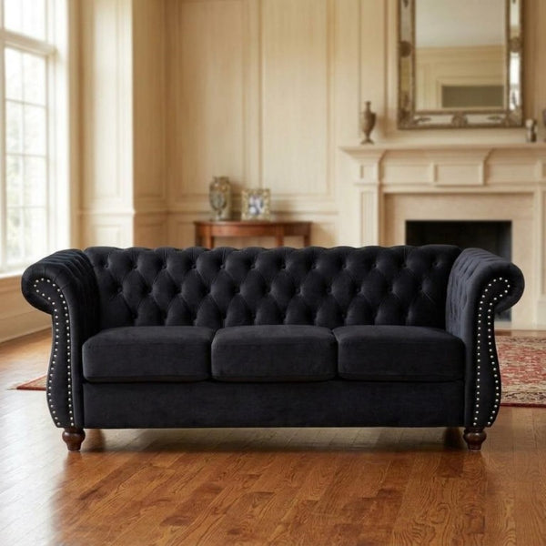 English Elm Chesterfield Crushed Velvet 2 Piece Sofa Set Button Tufted Living Room Seating Black B2735S00053