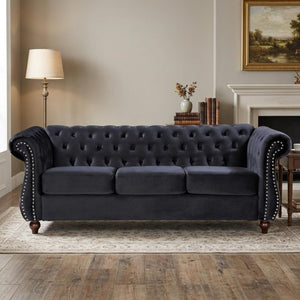 English Elm Chesterfield Crushed Velvet 2 Piece Sofa Set Button Tufted Living Room Seating Black B2735S00053