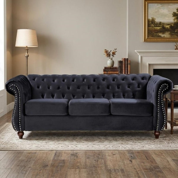 English Elm Chesterfield Crushed Velvet 2 Piece Sofa Set Button Tufted Living Room Seating Black B2735S00053