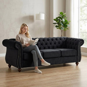 English Elm Chesterfield Crushed Velvet 2 Piece Sofa Set Button Tufted Living Room Seating Black B2735S00053