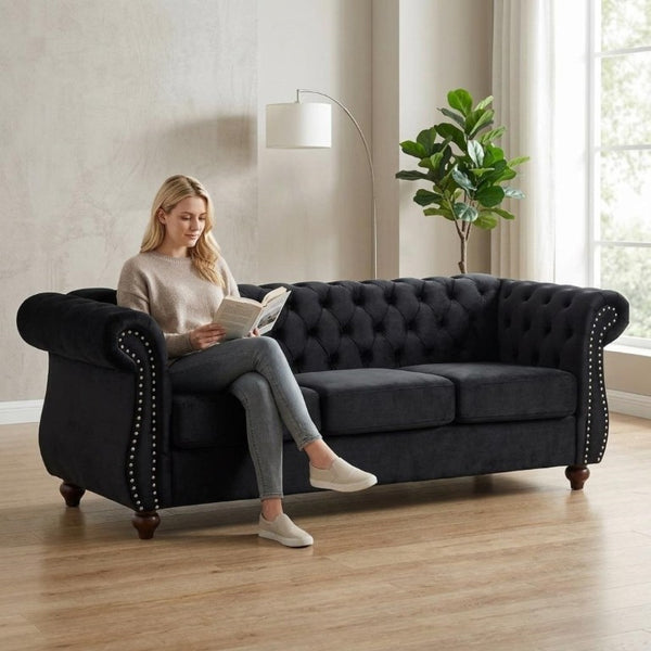 English Elm Chesterfield Crushed Velvet 2 Piece Sofa Set Button Tufted Living Room Seating Black B2735S00053