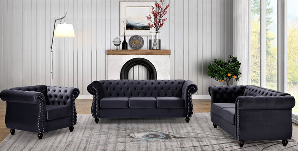 English Elm Chesterfield Crushed Velvet Living Room Set with Tufted Sofa Loveseat and Accent Chair Black B2735S00054