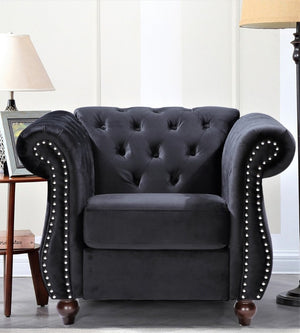 English Elm Chesterfield Crushed Velvet Living Room Set with Tufted Sofa Loveseat and Accent Chair Black B2735S00054