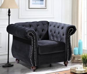 English Elm Chesterfield Crushed Velvet Living Room Set with Tufted Sofa Loveseat and Accent Chair Black B2735S00054