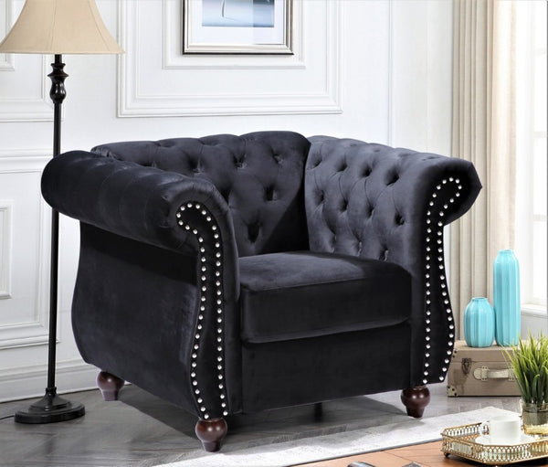 English Elm Chesterfield Crushed Velvet Living Room Set with Tufted Sofa Loveseat and Accent Chair Black B2735S00054