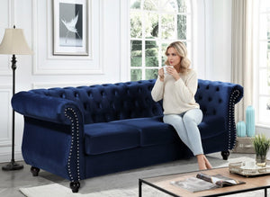 English Elm Chesterfield Crushed Velvet 3 Seat Sofa Tufted Back Rolled Arms Tapered Wood Legs Living Room Dark Blue B2735S00055