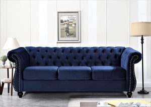 English Elm Chesterfield Crushed Velvet 3 Seat Sofa Tufted Back Rolled Arms Tapered Wood Legs Living Room Dark Blue B2735S00055