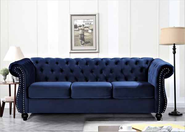 English Elm Chesterfield Crushed Velvet 3 Seat Sofa Tufted Back Rolled Arms Tapered Wood Legs Living Room Dark Blue B2735S00055
