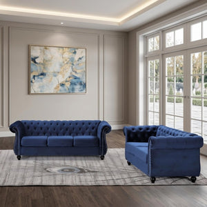 English Elm Chesterfield Crushed Velvet 2 Piece Sofa Set Button Tufted Living Room Seating Dark Blue B2735S00056