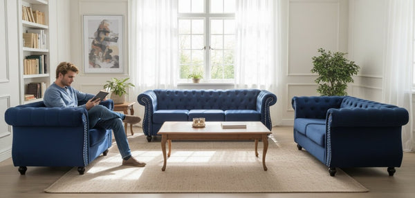 English Elm Chesterfield Crushed Velvet 2 Piece Sofa Set Button Tufted Living Room Seating Dark Blue B2735S00056