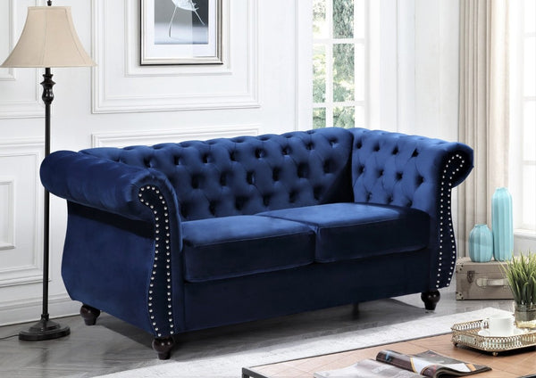 English Elm Chesterfield Crushed Velvet 2 Piece Sofa Set Button Tufted Living Room Seating Dark Blue B2735S00056