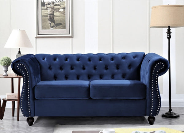 English Elm Chesterfield Crushed Velvet 2 Piece Sofa Set Button Tufted Living Room Seating Dark Blue B2735S00056