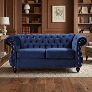 English Elm Chesterfield Crushed Velvet 2 Piece Sofa Set Button Tufted Living Room Seating Dark Blue B2735S00056