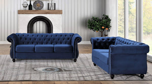English Elm Chesterfield Crushed Velvet 2 Piece Sofa Set Button Tufted Living Room Seating Dark Blue B2735S00056