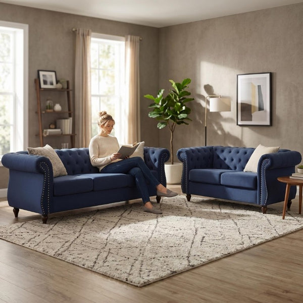 English Elm Chesterfield Crushed Velvet 2 Piece Sofa Set Button Tufted Living Room Seating Dark Blue B2735S00056