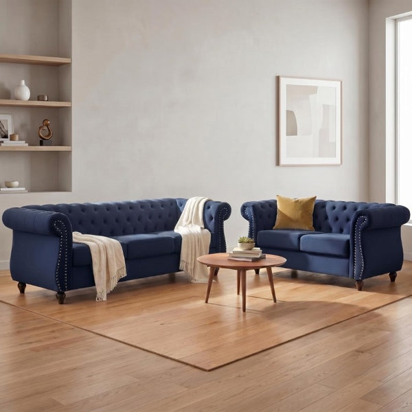 English Elm Chesterfield Crushed Velvet 2 Piece Sofa Set Button Tufted Living Room Seating Dark Blue B2735S00056