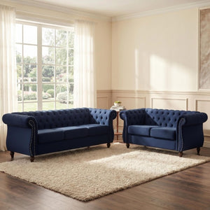 English Elm Chesterfield Crushed Velvet 2 Piece Sofa Set Button Tufted Living Room Seating Dark Blue B2735S00056