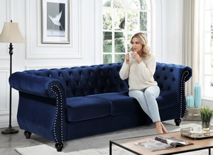 English Elm Chesterfield Crushed Velvet 2 Piece Sofa Set Button Tufted Living Room Seating Dark Blue B2735S00056