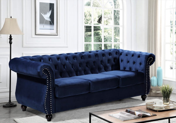English Elm Chesterfield Crushed Velvet 2 Piece Sofa Set Button Tufted Living Room Seating Dark Blue B2735S00056