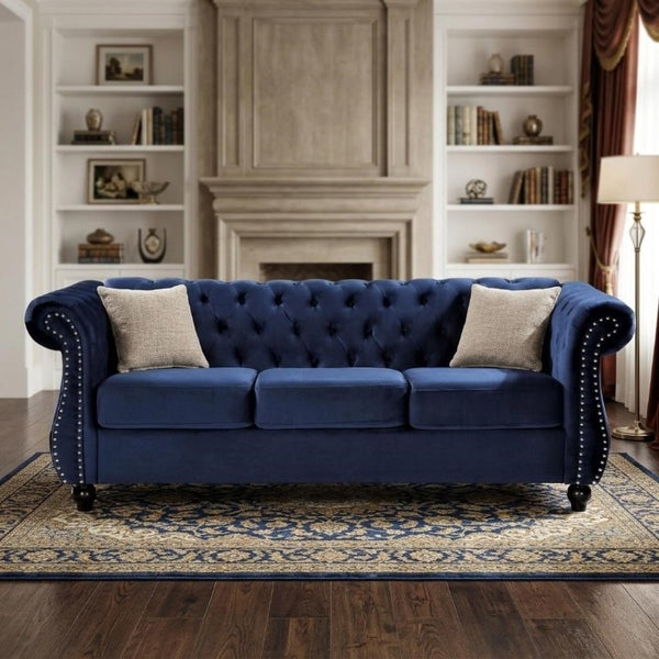English Elm Chesterfield Crushed Velvet 2 Piece Sofa Set Button Tufted Living Room Seating Dark Blue B2735S00056