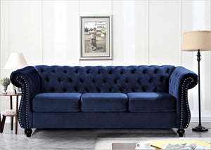 English Elm Chesterfield Crushed Velvet 2 Piece Sofa Set Button Tufted Living Room Seating Dark Blue B2735S00056