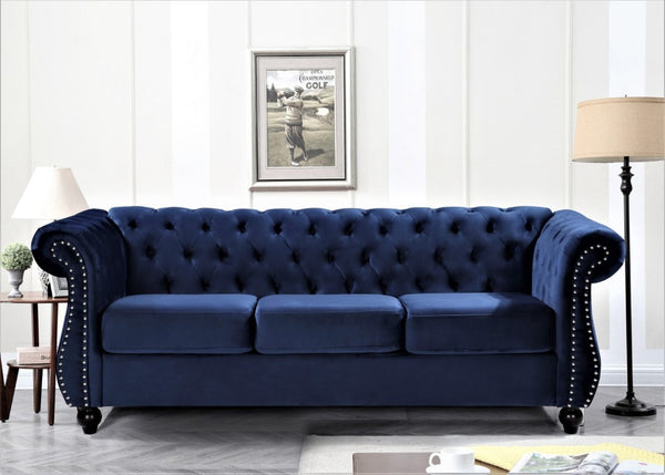 English Elm Chesterfield Crushed Velvet 2 Piece Sofa Set Button Tufted Living Room Seating Dark Blue B2735S00056
