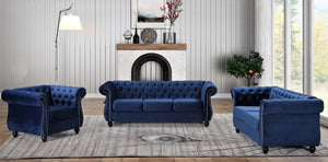 English Elm Chesterfield Crushed Velvet Living Room Set with Tufted Sofa Loveseat and Accent Chair Dark Blue B2735S00057