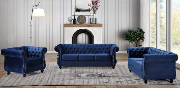 English Elm Chesterfield Crushed Velvet Living Room Set with Tufted Sofa Loveseat and Accent Chair Dark Blue B2735S00057