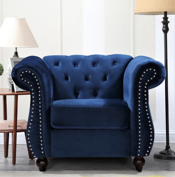 English Elm Chesterfield Crushed Velvet Living Room Set with Tufted Sofa Loveseat and Accent Chair Dark Blue B2735S00057