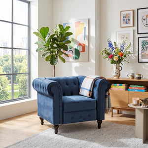 English Elm Chesterfield Crushed Velvet Living Room Set with Tufted Sofa Loveseat and Accent Chair Dark Blue B2735S00057