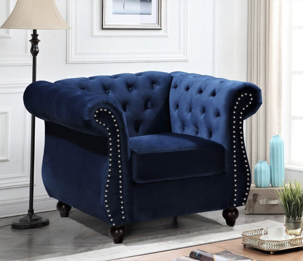 English Elm Chesterfield Crushed Velvet Living Room Set with Tufted Sofa Loveseat and Accent Chair Dark Blue B2735S00057
