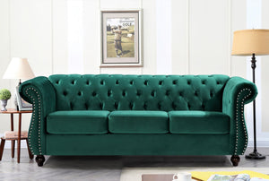 English Elm Chesterfield Crushed Velvet 3 Seat Sofa Tufted Back Rolled Arms Tapered Wood Legs Living Room Green B2735S00058