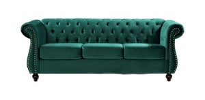English Elm Chesterfield Crushed Velvet 3 Seat Sofa Tufted Back Rolled Arms Tapered Wood Legs Living Room Green B2735S00058