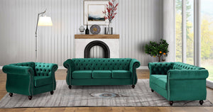 English Elm Chesterfield Crushed Velvet 3 Seat Sofa Tufted Back Rolled Arms Tapered Wood Legs Living Room Green B2735S00058